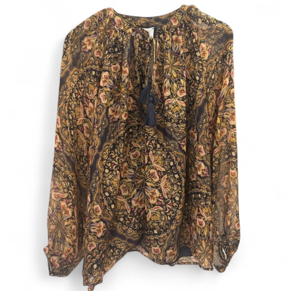 Johnny Was Jade Peasant Top Boho Floral Tassel Blouse Navy Gold Size L NWT